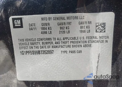 2011 Chevrolet Cruze 1Lt из США, поврежденный, VIN 1G1PF5S99B7262897